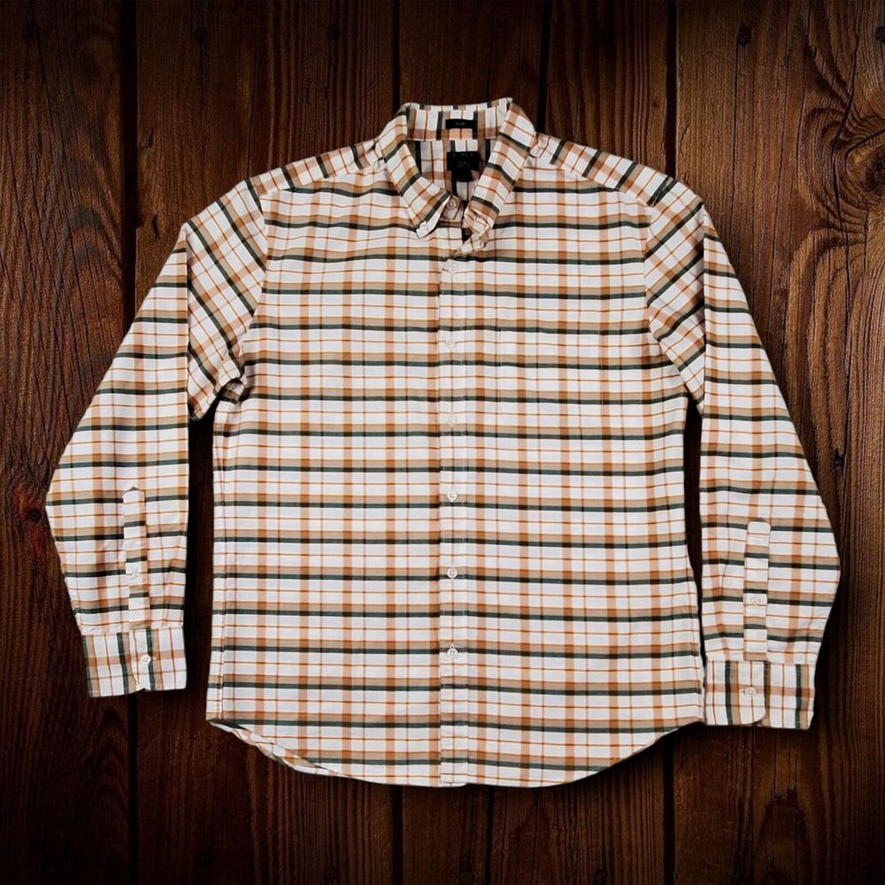 J CREW Flex Oxford Men's Shirt Size L Plaid Slim Fit Cotton Tan Green Orange